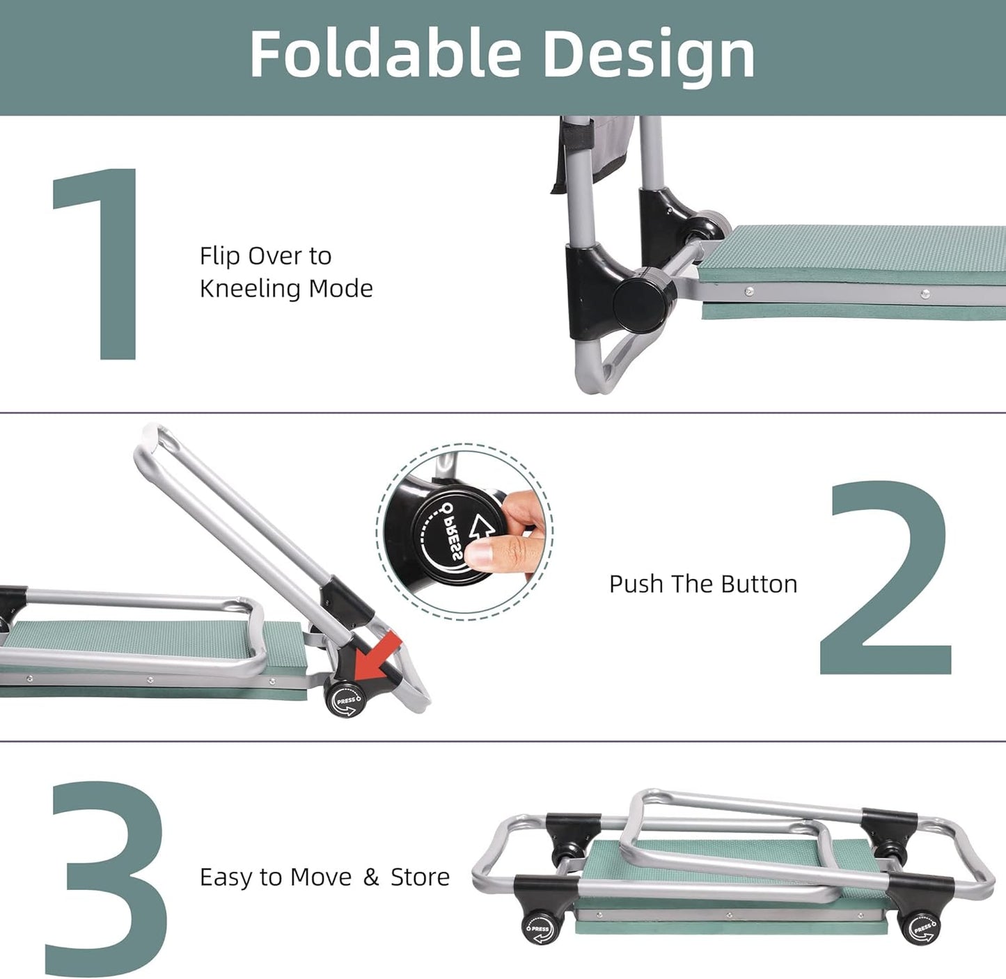 LUCKYERMORE New Generation Garden Kneeler and Seat, Foldable Gardening Stool with 2 Tool Pouches and EVA Foam Pad, Gardening Gifts for Parents Seniors, Lightweight & Heavy Duty, Green