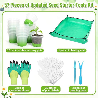 Caffox 57PCS Reusable Seed Starter Kit Includes 26 Packs 4" Clear Nursery Pots with Silicone Base, Repotting Mat, Gardening Gloves, Plant Labels and Seedling Tools for Easy Transplant