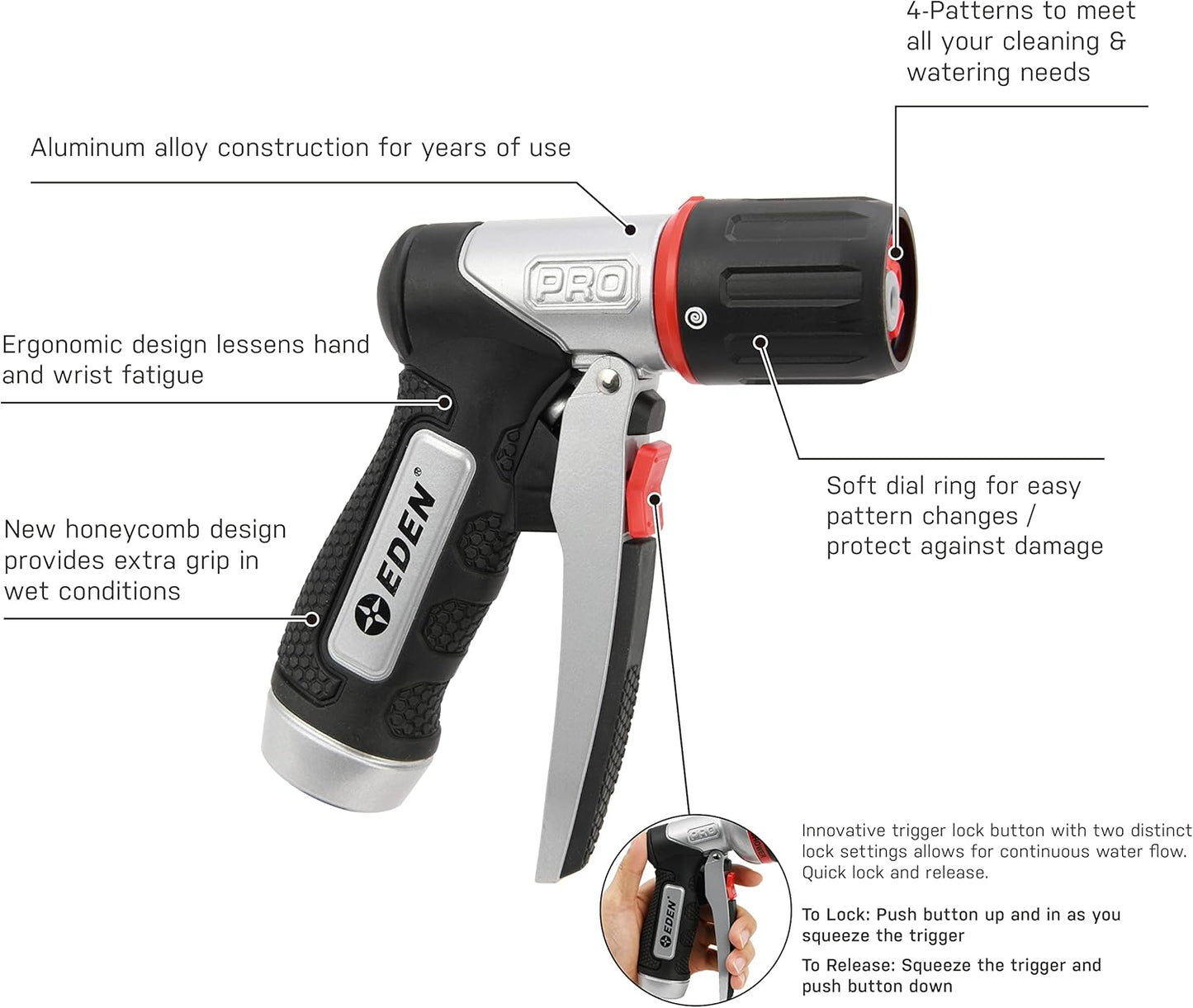 Eden 94834 Heavy Duty Metal Garden Hose Nozzle Sprayer High Pressure 4 Spray Pattern W/Quick Connector Set for Watering Plants, Lawns&Garden