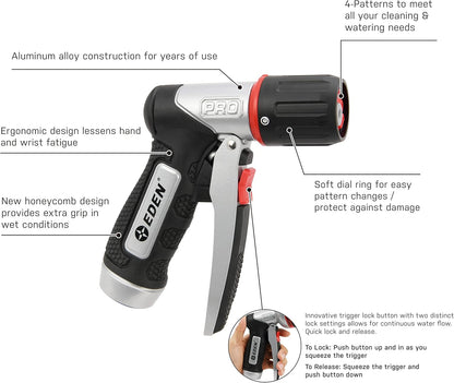 Eden 94834 Heavy Duty Metal Garden Hose Nozzle Sprayer High Pressure 4 Spray Pattern W/Quick Connector Set for Watering Plants, Lawns&Garden