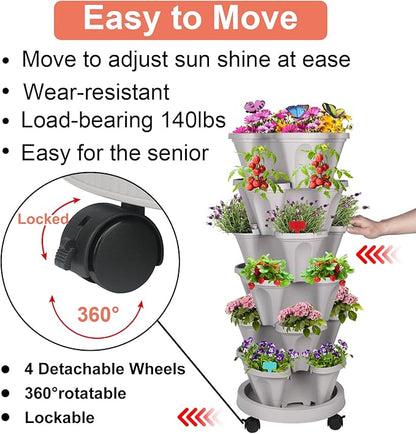 Vertical Planter, 6 Tier Stackable Strawberry Planter with Garden Tool Set, Movable Indoor/Outdoor Garden Herb Pot for Growing Vegetables and Succulents, Gray