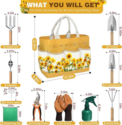 22Pcs Gardening Tools Set for Women Heavy Duty Garden Hand Tool Kit Gifts for Mom Beginner Gardener Gardening Accessories with SunflowerTote Bag/Shovel/RepottingMat/Plant Labels/Gloves-Yellow