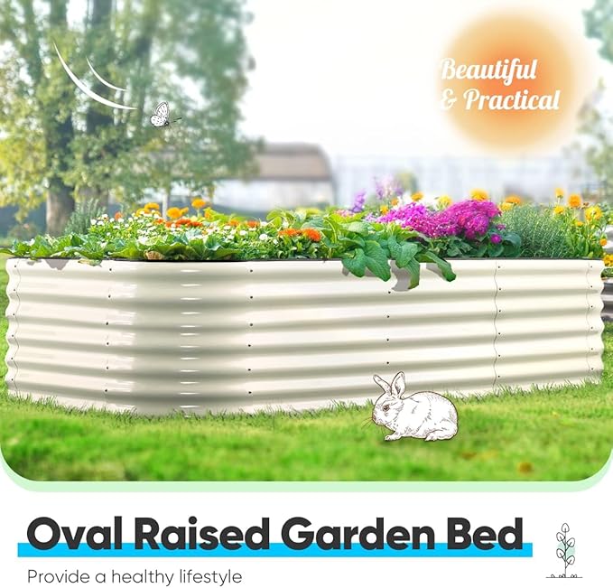 Quictent Galvanized Tall Raised Garden Bed Kit, 8x4x2 ft Oval Large Planting Box Rubber Strip Edging, for Vegetables Outdoor Strengthened by Crossbar (Beige)