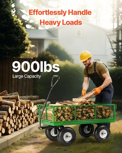 VEVOR 900 Lbs Steel Garden Cart on Wheels, Heavy Duty Pullable Garden Wagon Yard Cart, Outdoor Metal Utility Wagon with 10" Tires and Mesh Removable Sides(Convert to Flatbed), and 180°Rotating Handle