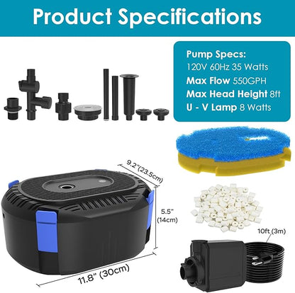 AquaMiracle All-in-1 Pond Fountain Kit 550GPH with 3-Spray Patterns Pond Filters System for Outdoor Ponds with Auto-Color LED & U - V Light to Clean Green Water Fountain Pump for 200-500 Gallon Ponds