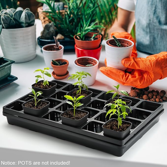 10 Pack Nursery Pots Trays (17"x11"x2"), Plastic Flat Seed Starter Trays, Durable Carrying Seedling Starter Tray, Reusable Tray for Planting and Collecting Drainage Water (Black)
