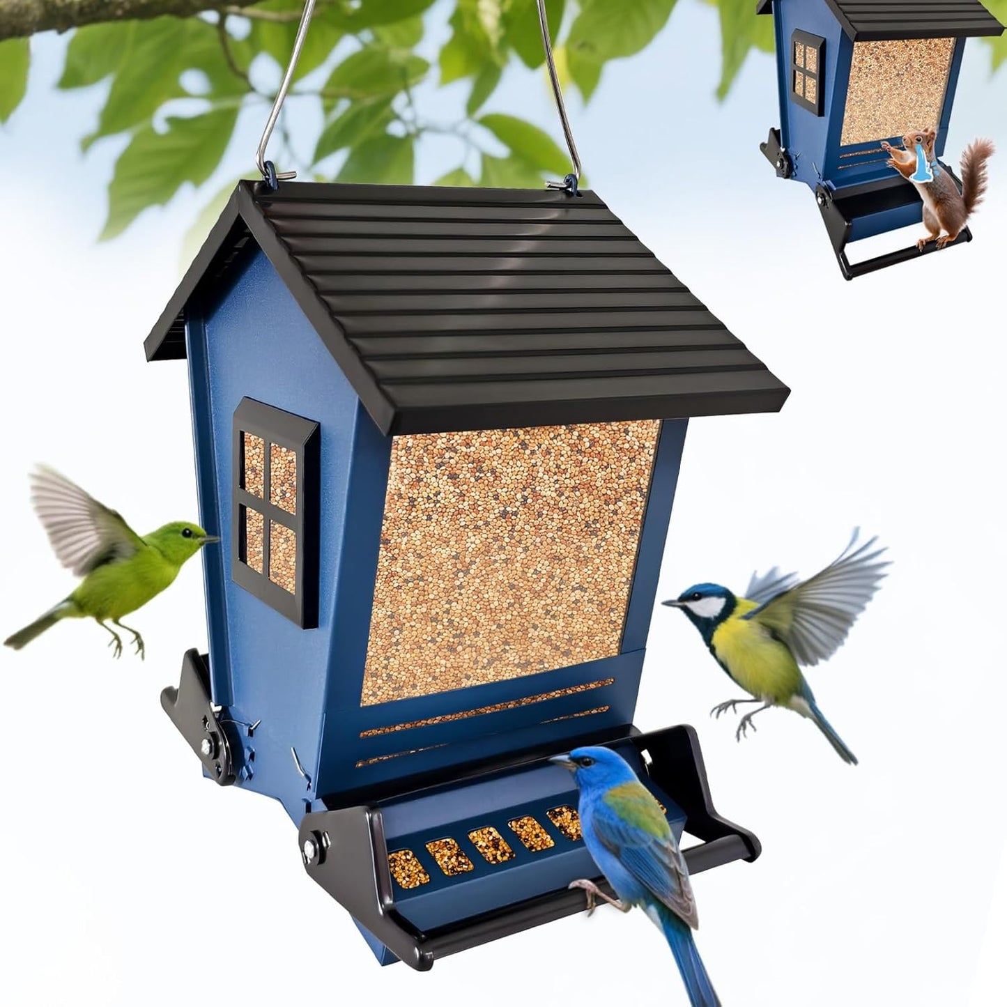 Squirrel Proof Bird Feeders for Outdoors Hanging, 5LB Capacity Metal Wild Birdfeeders Outside Hanging, Cardinal Bird Feeder Squirrel Proof as Various Finch Feeders for Outside (Blue)