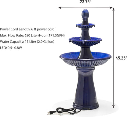 Glitzhome Outdoor Fountain and Waterfalls 3 Tier Patio Fountains, 45.25" H Ceramic Water Fountain with Pump & LED Light Garden Outdoor Floor Stand Fountains for Backyard Deck Lawn Porch, Cobalt Blue