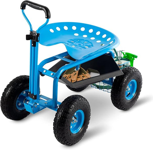 Rolling Garden Tool Cart with Seat Heavy Duty Scooter with Handle and Storage for Seniors Garden Cart on Wheel,Blue