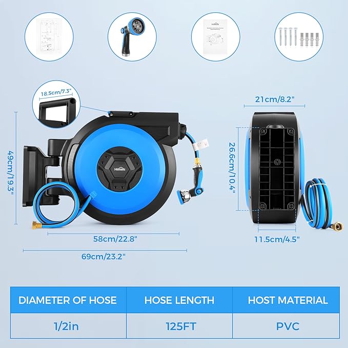 Retractable Garden Hose Reel, 1/2" x 131FT Heavy Duty Automatic Retractable Hose Reel Wall Mount, with 10- Function Sprayer Nozzle, Any Length Lock/Auto Rewind/180°Swivel