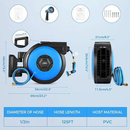 Retractable Garden Hose Reel, 1/2" x 131FT Heavy Duty Automatic Retractable Hose Reel Wall Mount, with 10- Function Sprayer Nozzle, Any Length Lock/Auto Rewind/180°Swivel