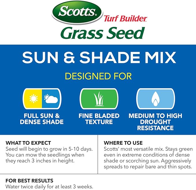 Scotts Turf Builder Grass Seed Sun & Shade Mix, Grows in Extreme Conditions & Spreads for a Durable Lawn, 15 lbs.