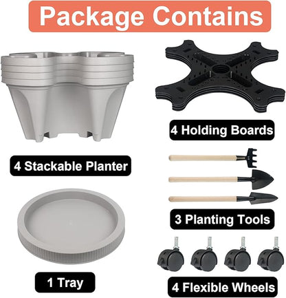 Vertical Planter 4 Tier Stackable Planters Garden Planters Strawberry Herb Flower and Vegetable Planter Indoor Outdoor Gardening Pots with Removable Wheels and Tools 2-Pack