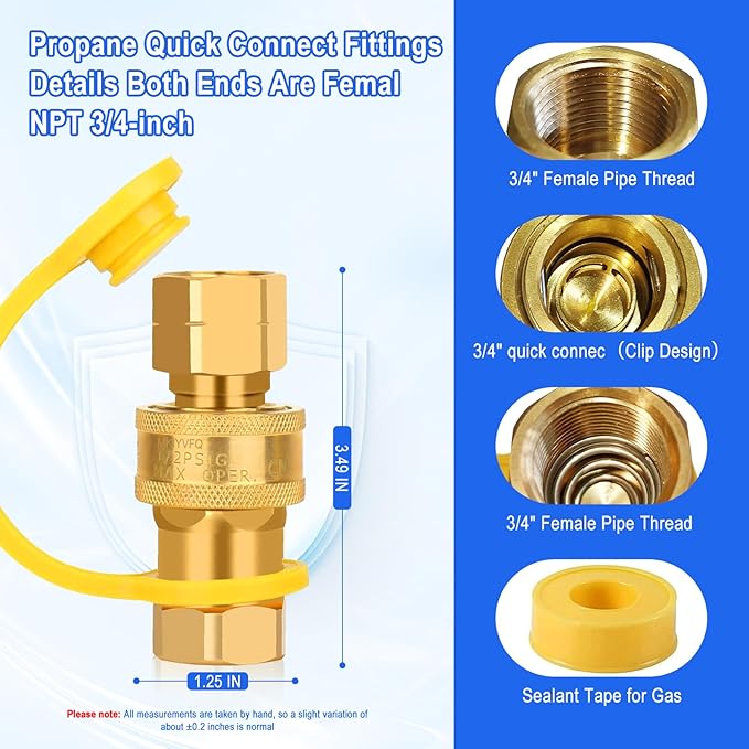 3/4" Natural Gas Quick Connect, Hose Quick Connect, 3/4” Natural Gas Quick Connect Fittings，Heavy-Duty Brass Large Flow Quick Disconnect for Commercial Kitchen Equipment, Generator Etc Gas Equipment.