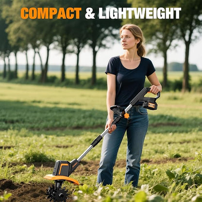 Upgraded Cordless Tiller for Gardening with 8.0Ah (2×4.0Ah Batteries), 48 Steel Tines Battery Rototiller, 9" Width 6.6" Depth Garden Tiller Cultivator for Soil, Tending & Composting (Orange)