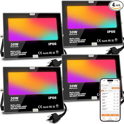 LED Flood Light Outdoor 30W, 300W Equivalent 3000LM Smart RGB Landscape Lighting with APP Control, DIY Scenes -Timing - Warm White 2700K -Color Changing Uplight, IP66, US Plug, No Remote MELPO(4 Pack)