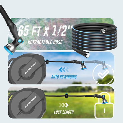 Retractable Garden Hose Reel 65 ft x 1/2 in, Heavy Duty Hose Reel Wall Mount with Any Length Lock, Slow Return System, 180° Swivel Bracket, 10-Pattern Garden Hose Nozzle, Dark Grey