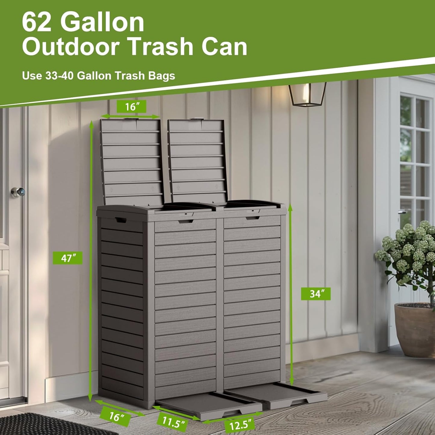 Outdoor Trash Can with lid, Waterproof, UV-Resistant Resin Garbage Can, Lockable Lid and Drip Tray, Animal-Proof, for Patio, Kitchen, Backyard and Deck (Grey, 62 Gallon)