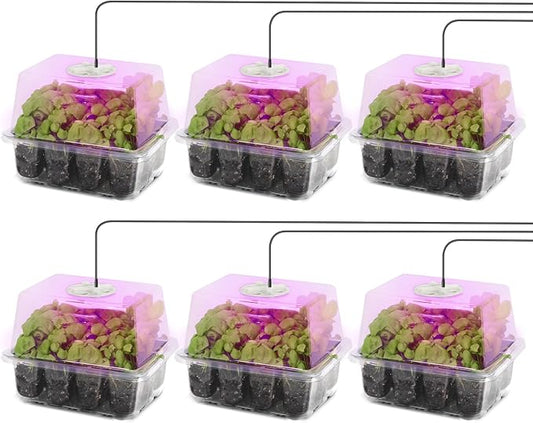 MIXC Seed Starter Kit with Grow Light, Elevated Seedling Tray Kit with Adjustable Humidity Dome and Clear Cell Tray, 12 Full Spectrum Led Beads for Seed Starting Greenhouse, 6 Pack, Transparent