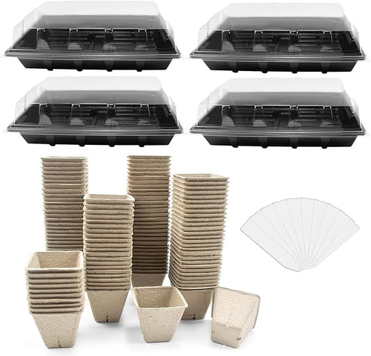 JOPY 4 Pack Seed Starter Tray Kit for Indoor Outdoor Garden Seeding Plastic Germination Trays with 120 Square Seed Peat Pots for Plant Growing