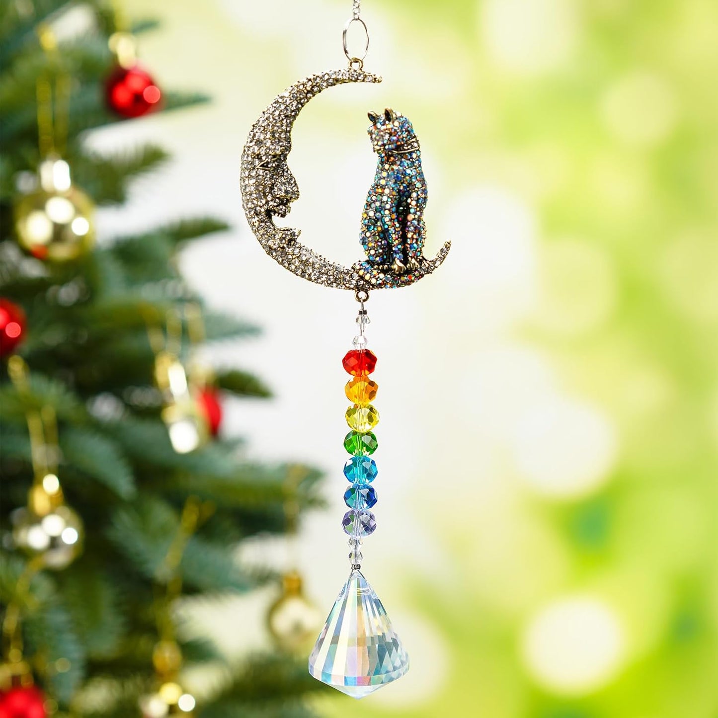 H&D HYALINE & DORA Crystal Suncatchers Moon Cat Sun Catchers Hanging Ornament with Chakra Beads Prism Pendant Pet Memorial Suncatcher Rainbow Maker for Home Indoor Outdoor Decor