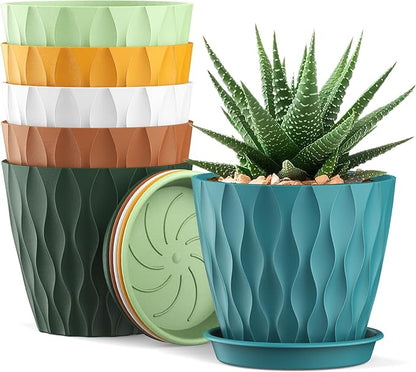 4 Inch Small Pots for Plants, 6 Pack Waffle Texture Small Plant Pots for Succulents, Plastic Planter with Drainage Holes and Saucers for Indoor Outdoor Plants, Flowers, Herbs, Seedlings, Colorful