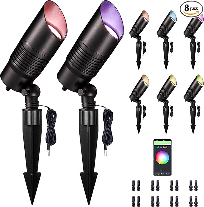 Smart Outdoor Landscape Spotlights Color Change - 12V Multicolored LED Spot Lights Hard-Wired Waterproof, Low Voltage Uplighting Using App, Aluminum Black for Backyard Fence 8 Pack