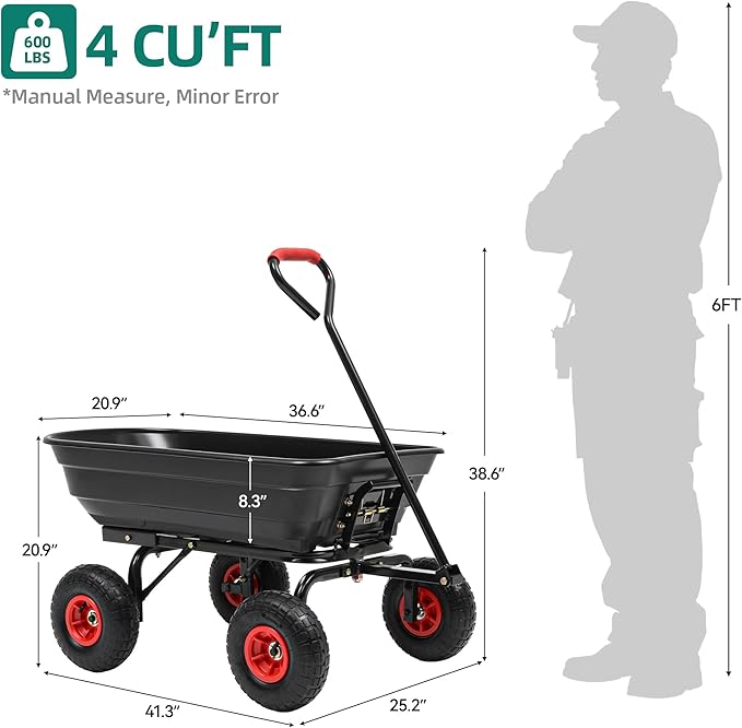 600lb Garden Dump Cart,4 Cu.Ft Utility Wagon Wheelbarrows with Quick-Release System&4 Pneumatic Tires,Heavy Duty Yard Dump Wagon with Steel Frame for Farm, Garden,Halloween Hauling(Black)