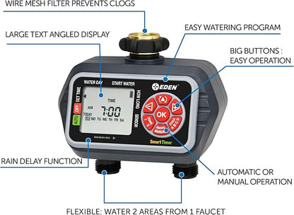 Eden 93412 Programmable Digital Water Timer 2-Zone, Compatible with Wireless Soil Moisture Sensor