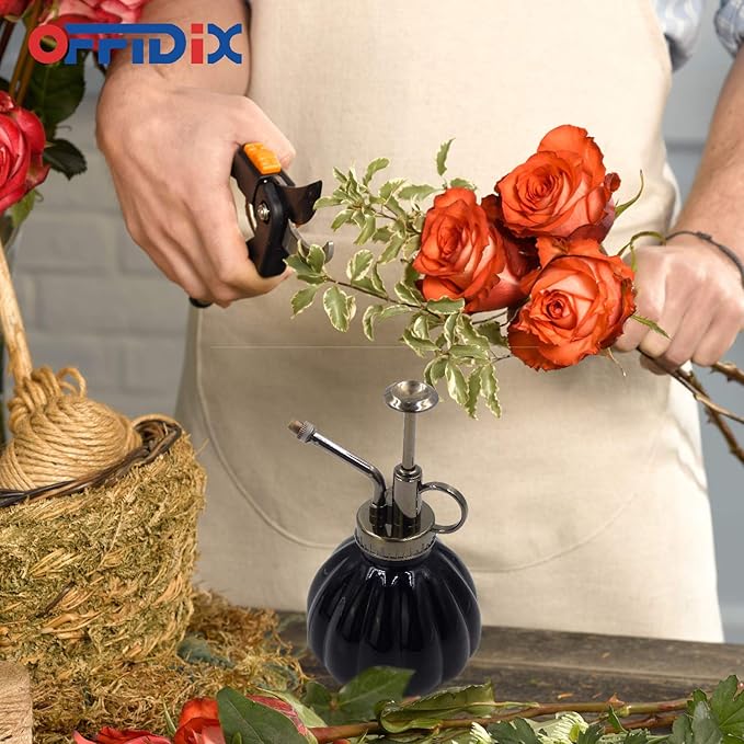 OFFIDIX Plant Mister Flower Watering Can, 6.3" Tall Vintage Pumpkin Style Black Color Glass Spray Bottle & Bronze Plastic Top Pump Ideal for Watering Small Plants Inside Home or Office