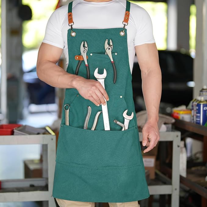 Canvas Aprons for Men Chef Apron, Work Apron with Large Pockets - 16oz Heavy Duty Cross Back, BBQ, Cooking