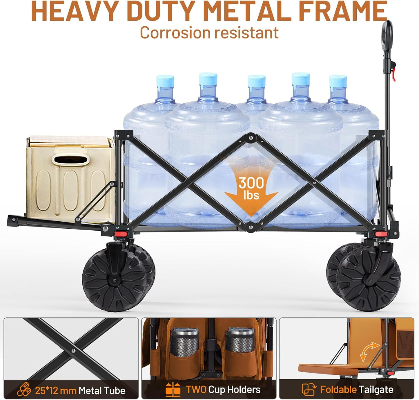 TIMBER RIDGE Beach Wagon with Tailgate, 300lbs Heavy Duty Collapsible Wagon with All-Terrain Big Brakes Wheels, Foldable Utility Cart for Sand Sports Shopping, Orange