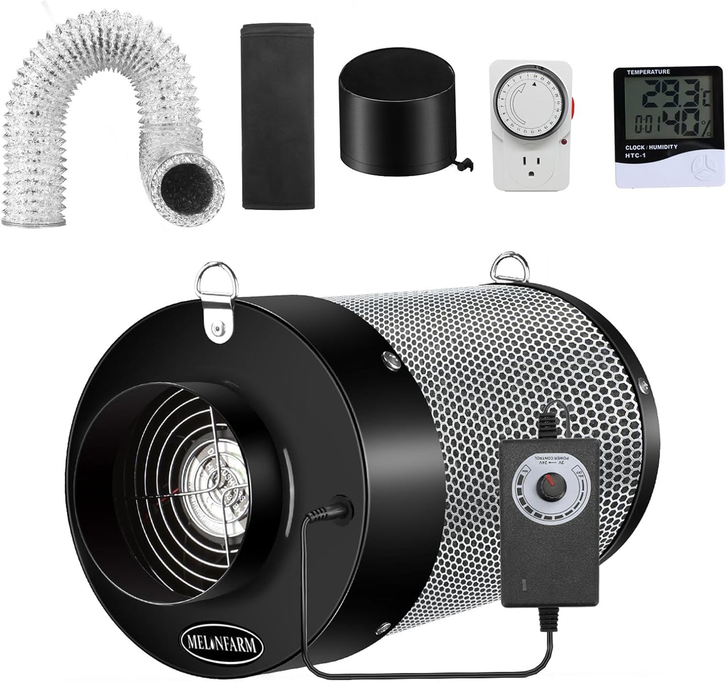 MELONFARM Air Filtration Kit 4", Built-in 14cm Fan Low Nois Carbon Filter with 12-Speed Controller, 8' Ducting & 6" Vent Cover, Cooling & Ventilation System for Grow Tents, Indoor Gardening