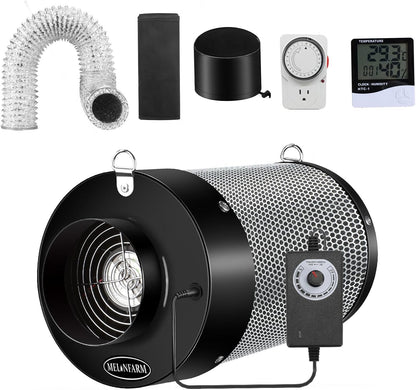 MELONFARM Air Filtration Kit 4", Built-in 14cm Fan Low Nois Carbon Filter with 12-Speed Controller, 8' Ducting & 6" Vent Cover, Cooling & Ventilation System for Grow Tents, Indoor Gardening