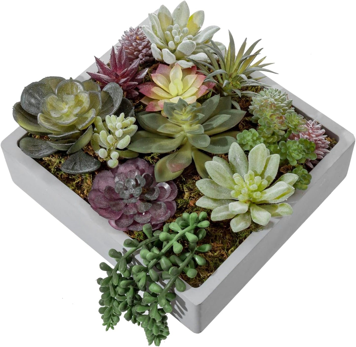 MyGift 8 Inch Square Modern Artificial Succulent Arrangement Potted in Gray Concrete Plant Bowl, Assorted Faux Mini Succulents in a Decorative Planter Pot