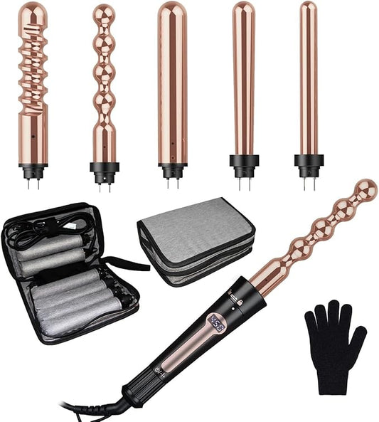 5 in 1 Curling Iron Set, 24K Rose Gold Hair Curlers with Interchangeable Ceramic Barrels, Hair Crimper, Wand Curling Iron & Waver for Long & Short, Fast Heat & Protective Gloves