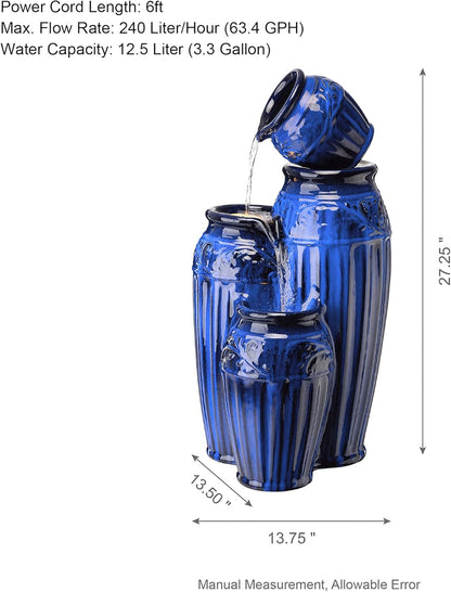 Glitzhome 27.25" H Outdoor Garden Water Fountain with LED Lights and Pump, 4 Tier Cobalt Blue Embossed Pattern Ceramic Pots Cascading Floor Standing Fountain for Porch Deck Patio Backyard Decoration