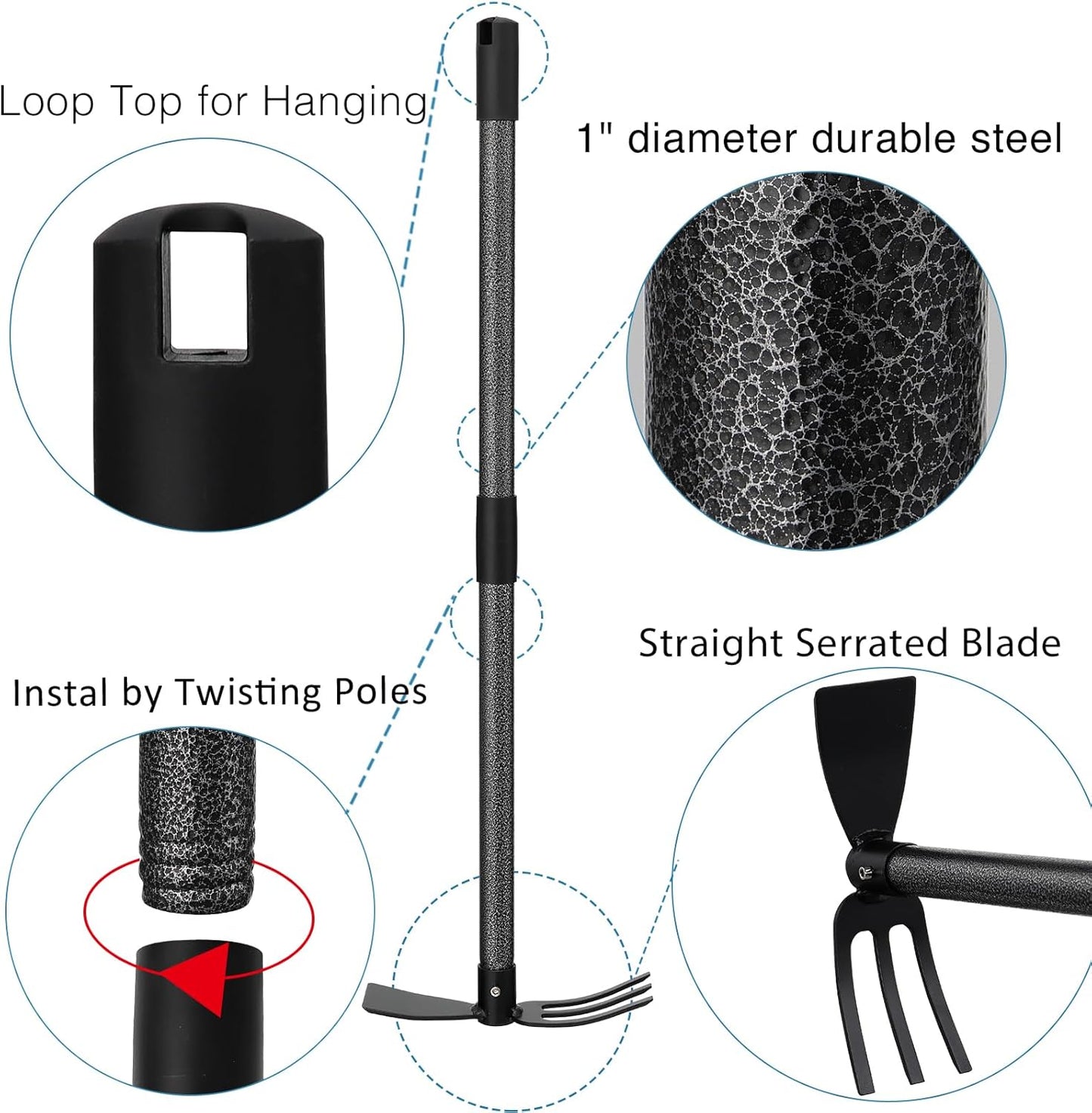 Hoe and Cultivator Gardening Hand Tools, Heavy Duty Stainless Steel Garden Hoe and 3 Fork Hand Tiller for Gardening Weeding Planting with Adjustable Handle 45 inch