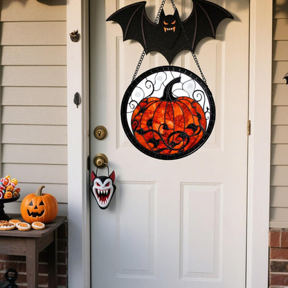 Stained Glass Window Hanging - Halloween Red White Scary Pumpkin Suncatcher for Doors Garden Home Spooky Rattan Sun Catchers Gothic Decor Horror Gifts for Women Men Friend Boy Girl 11.8 in