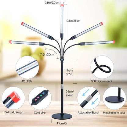 5-Head Table Top Grow Lights for Indoor Plants, Seed Starting, Bonsai with Timer, 45W Power Home Plug, FECiDA 2025 Full Spectrum Plant Growing Lamps, 16"-24" Height Adjustable