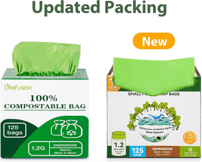 GreFusion Compostable Bags for Kitchen Compost Bin, 1.2 Gallon, 125 Count, Certified by BPI and ASTM, Leakproof and Odor Control