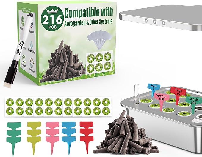 216 pcs Seed Pods Kit for Aerogarden, Grow Sponges for Hydroponics Growing System, Grow Pods for Aerogarden Kit with 100 Hydroponic Grow Sponges, 100 Pod Labels, 15 Tags, 1 Pen, Packaging May Vary