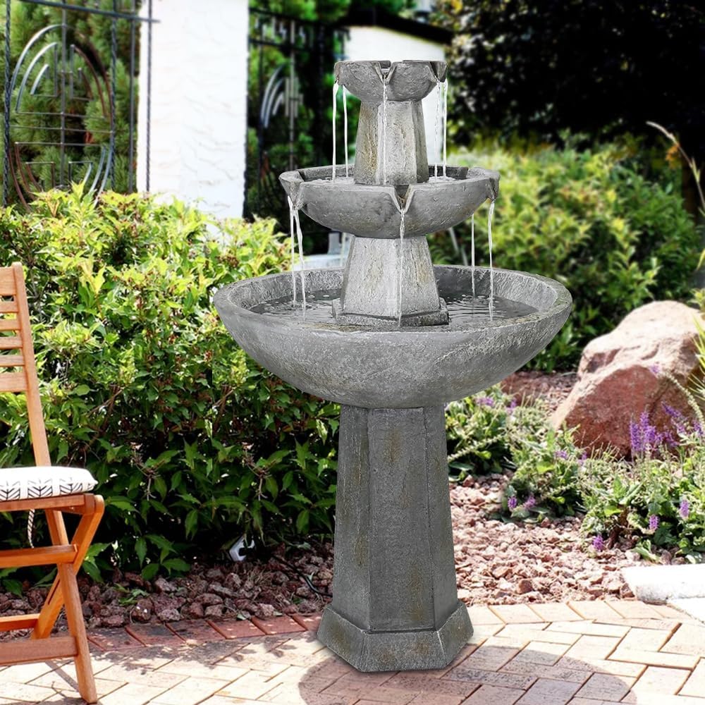 43.3” High Outdoor Water Fountain, 3-Tiers Concrete Outdoor Floor Waterfall Fountain with Pump & Splash Reduction Line for Yard Garden Patio Backyard Deck Relaxation Decor - Grey