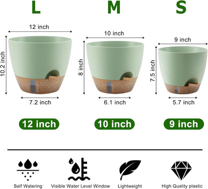 Self-Watering Plant Pots with Water Level Indicator, Drainage Holes & Saucers – 12/10/9 Inch Large Plastic Planter Set for Indoor & Outdoor Plants (Green)
