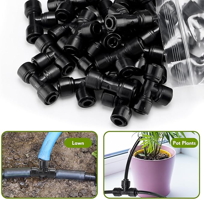 30 Pcs 1/4" Drip Irrigation Tee Connectors for Tube Quick Connect Parts Fittings for 1/4 Inch(6.35mm) Irrigation Tubing or Sprinkler(Black,Tee Connector)