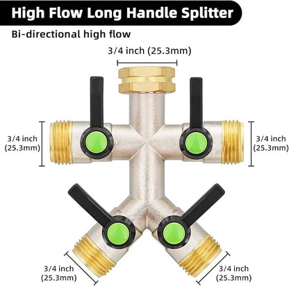EJW 4 Way Hose Splitter, Heavy Duty Brass Garden Hose Splitter, outdoor faucet Divider 3/4" GHT Thread, Water Hose Splitters,Garden High Flow Hose Splitter,Garden Hose Adapter Connector.
