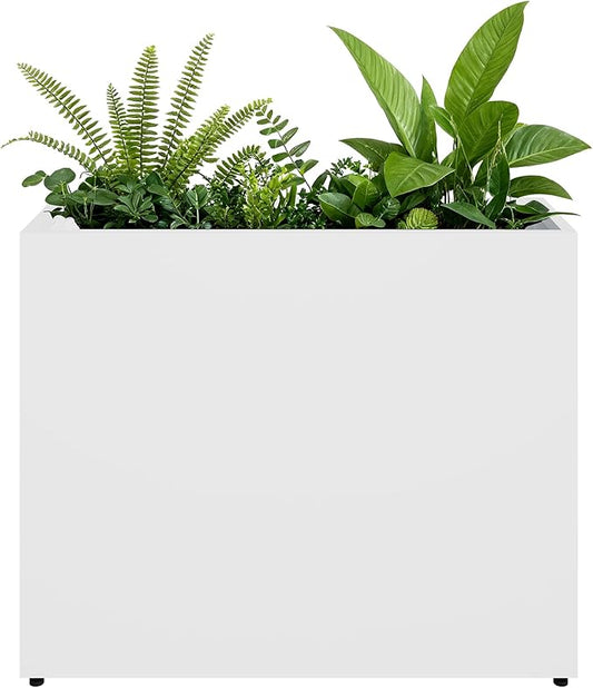 Large Metal Planter Box for Outdoor 30" Lx10“Wx24”H, Tall Rectangular Planters for Outdoor Patio/Porch/Cafe, All-Weather Durable Galvanized Steel, Modern Design for Plants, Flower,Garden, White
