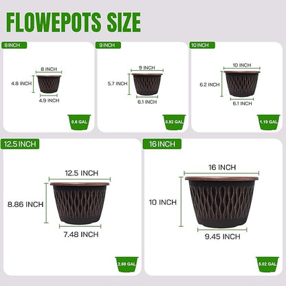4 Pack 16 Inch Retro Plant Pots, Vintage Striped Flower Pots with Drainage Hole & Saucer, Large Plastic Planters for Indoor and Outdoor Plants, Decorative Garden Pots(Copper)