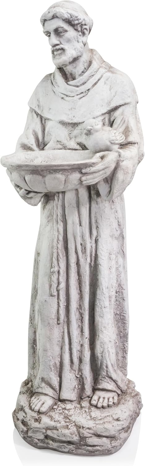Alpine Corporation 45" Tall Outdoor Saint Francis Birdbath Statue Yard Art Decoration, Light Gray