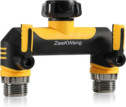 Full Flow Heavy Duty Two - Way Hose Splitter, Rugged Garden Faucet Adapter, Spout Diverter T - Way Adapter with Extended Handle, 3/4” GHT Thread, Yellow